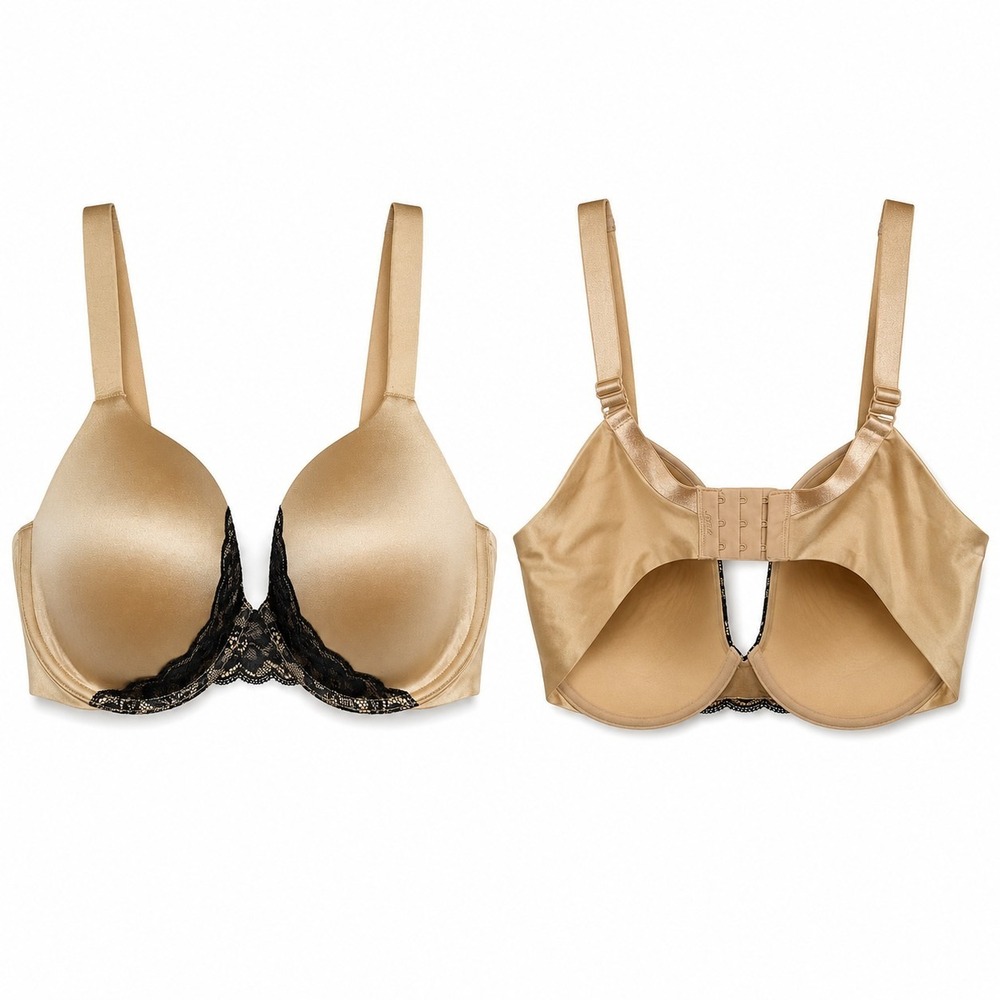 SOMA Enhancing Shape Full Coverage Lace Trim Bra Sz 38DD Beige Black Underwire